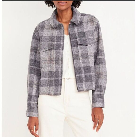 Old Navy Gray Plaid Zip Up Cropped Jackets Size XS New - Picture 1 of 6